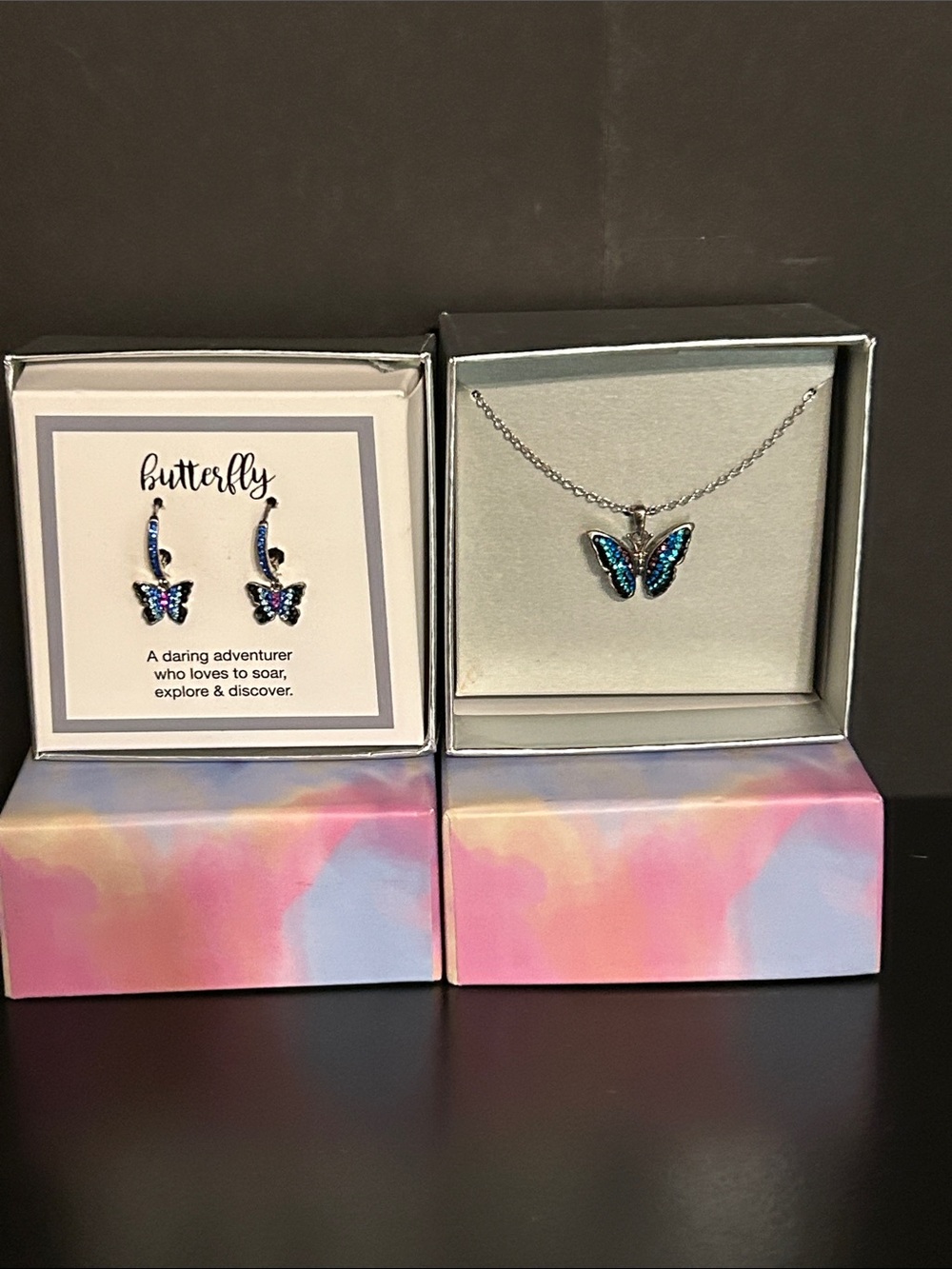 Kohl's Silver-Tone Butterfly Necklace and Drop Earrings with Blue Accents